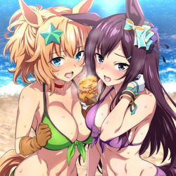 This is a pixiv picture whose title is チキンが熱々で、なかなか食べられないタイキとドーベル.