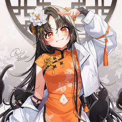 This is a pixiv picture whose title is ヘソ見せチャイナ娘と黒猫.