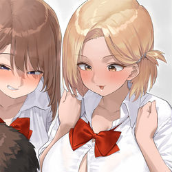 This is a pixiv picture whose title is おっぱいポッキーゲームをさせられる男子とからかう女子.