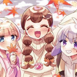 This is a pixiv picture whose title is 紅葉と動物組.