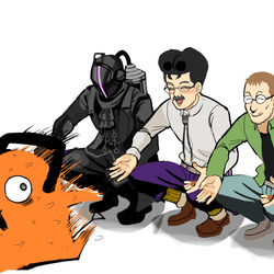 This is a pixiv picture whose title is 優しそうなおじさん達となぜか逃げるポチタ.