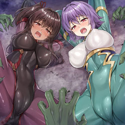 This is a pixiv picture whose title is メスガキ＆くっころくノ一姉妹音声＆CG集　予告開始.