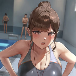 This is a pixiv picture whose title is 練習に集中できてないと叱ってくる水泳部顧問.