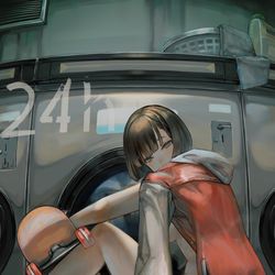 This is a pixiv picture whose title is ”01時52分　気温26℃　国道沿いのコインランドリー”.