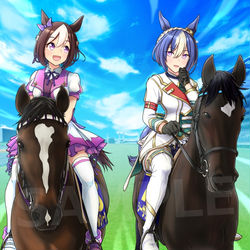 This is a pixiv picture whose title is Skeb依頼絵「史実馬にまたがるスペシャルウィーク＆シーザリオ」.