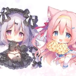 This is a pixiv picture whose title is むすびちゃん&みおんちゃん：合同展『柚桃花月～ゆずももかげつ～』.