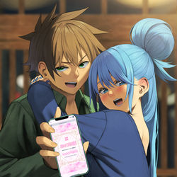 This is a pixiv picture whose title is 『100日後もカップル割を利用するアクア』.