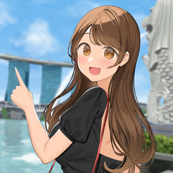 This is a pixiv picture whose title is 社員旅行でテンションが上がるOLちゃん 「見て見て！あれすっごく.