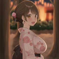 This is a pixiv picture whose title is お祭りに来たOLちゃん 「人すごいね〜この辺でちょっと休憩しよっ.