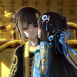 This is a pixiv picture whose title is 《窃蓝亭影》人物介绍：佚玉尘&佚余香——有情人情深还念情.