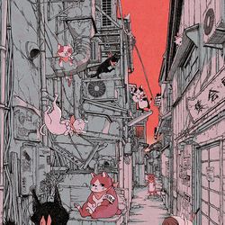 This is a pixiv picture whose title is 路地猫夜警.