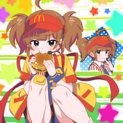 This is a pixiv picture whose title is 休憩中に急いでまかないダブチする食べ美ちゃん！.