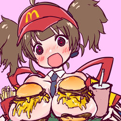 This is a pixiv picture whose title is 今だけダブチ食べ美   ダブチに挟んだ胸をトレーに乗せ美.
