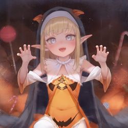 This is a pixiv picture whose title is trick or treat !!🎃🦇🧝‍♀️.