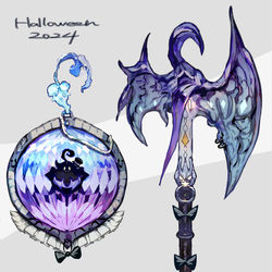 This is a pixiv picture whose title is 色違いバケッチャ・パンプジンモチーフの武器（ポケモン）.