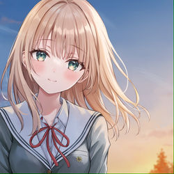 This is a pixiv picture whose title is 夕陽に照らされて.