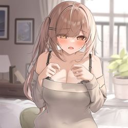 This is a pixiv picture whose title is 大丈夫おっぱい揉む？ちなみに揉んだら二度と口きかないけど….