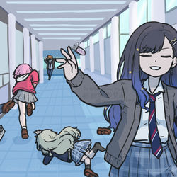 This is a pixiv picture whose title is 天地魔闘の構えで目を閉じた白石杏の後ろで鳳えむが逃げてる写真.
