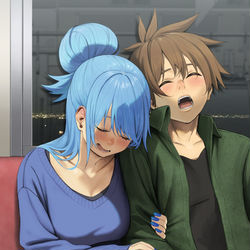 This is a pixiv picture whose title is 『100分後に終点で目が覚めるアクア』.