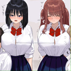 This is a pixiv picture whose title is おっぱいで糸電話を試す女子達と実験に巻き込まれる男子.