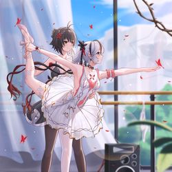 This is a pixiv picture whose title is 阿漂和椿的拉伸运动.