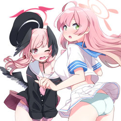 This is a pixiv picture whose title is 突風でぱんつが見えちゃうハナコとコハル.
