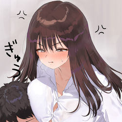 This is a pixiv picture whose title is 怒ってる時は手を出さず無言でおっぱいを押し付けてくる子（２枚）.