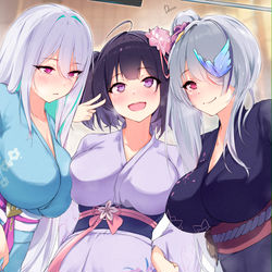 This is a pixiv picture whose title is 妄想 浴衣三人娘♥【アズールレーン】押上温泉コラボ.