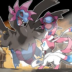 This is a pixiv picture whose title is Sylveon vs Hydreigon.