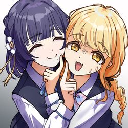 This is a pixiv picture whose title is 藤田と秦谷の百合営業♥ポストカード.