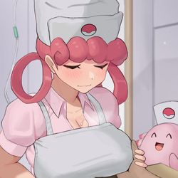 This is a pixiv picture whose title is 注射の時おっぱいを触らせて安心させてくれるジョーイさん.