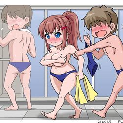 This is a pixiv picture whose title is TSしたけど絶対に女装したくないマン 水泳の授業に… 参☆戦！.