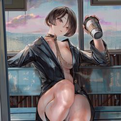 This is a pixiv picture whose title is ”5時45分　気温12℃　海岸沿いの停留所”.