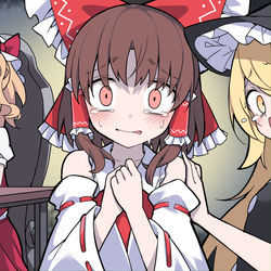 This is a pixiv picture whose title is ホラゲーに挑戦する霊夢達!.