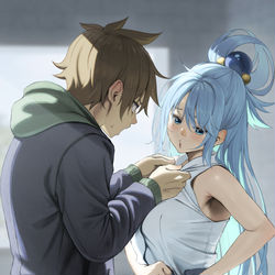 This is a pixiv picture whose title is 『遅刻じゃない。カズマさんが寝かせてくれなかったせいよ？』.