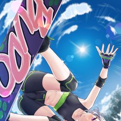 This is a pixiv picture whose title is 練習で熱くなってウェア脱ぎスノボ.
