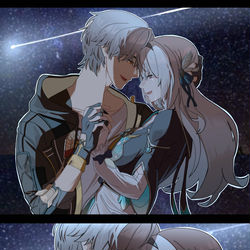 This is a pixiv picture whose title is two people under the starry sky.