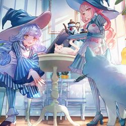 This is a pixiv picture whose title is お絵描き魔女と猫のいる生活.