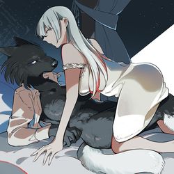 This is a pixiv picture whose title is 創作百合「シャーマナイトの帳」Hunter’s Moon.