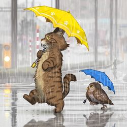 This is a pixiv picture whose title is 猫フク　雨の散歩.