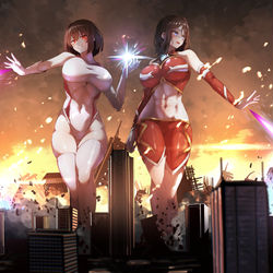 This is a pixiv picture whose title is 【コミッション】暴れる二人の巨大娘.