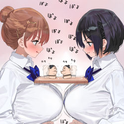 This is a pixiv picture whose title is おっぱいを揺らした振動でトントン相撲をするＪＫ達.