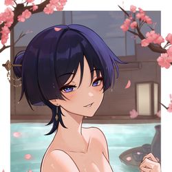 This is a pixiv picture whose title is Scara in the onsen :3.