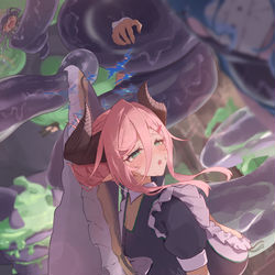 This is a pixiv picture whose title is ジュリ（アルバイト）と暴れるパンちゃん🐙.