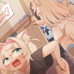 This is a pixiv picture whose title is help sister I am stuck.