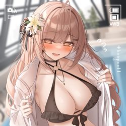 This is a pixiv picture whose title is この水着かわいいのはわかるんだけどさ…ちょっと大胆過ぎない？.