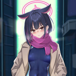 This is a pixiv picture whose title is ロングコートの下には競泳水着なカズサ.