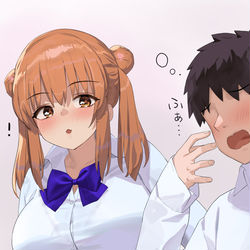 This is a pixiv picture whose title is 眠そうにしてたらおっぱいを枕に使えと提案してきた子（２枚）.