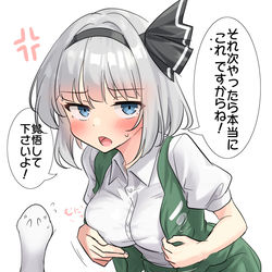 This is a pixiv picture whose title is 「次やったらマジでコレ(パイズリジェスチャー)」の便乗妖夢ちゃん.