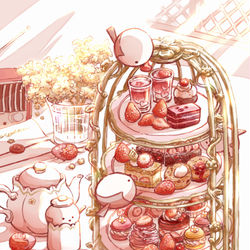 This is a pixiv picture whose title is シマエナガと春のアフタヌーンティー.